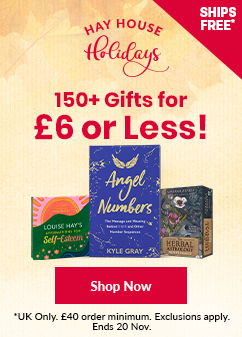 Hay House Holidays promotional banner advertising 150+ gifts for £8 or less with free shipping in the UK. Featured products include 'Affirmations for Self-Esteem' by Louise Hay, 'Angel Numbers' by Kyle Gray, and 'Herbal Astrology Oracle'. A red corner label reads 'Ships Free', and a red 'Shop Now' button appears below. Offer valid with a £40 minimum purchase. Ends 20 November.