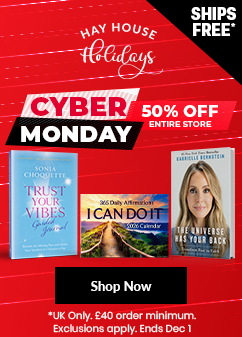 Cyber Monday sale promotion from Hay House Holidays. Banner highlights 50% off the entire store with free shipping. Visual includes books like 'Trust Your Vibes,' 'I Can Do It 2026 Calendar,' and 'The Universe Has Your Back' by Gabrielle Bernstein. A red banner with a bold 'Cyber Monday' headline and 'Shop Now' button. Offer valid in the UK only, with a £40 minimum order, ending December 1.