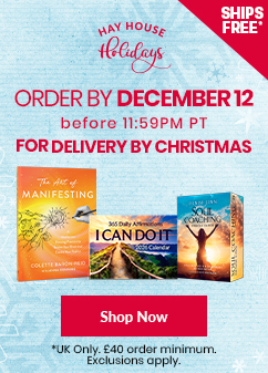 Holiday-themed promotional banner with red and blue snowy background. Text reads: 'Hay House Holidays. Order by December 12 before 11:59PM PT for delivery by Christmas.' Featured products include 'The Art of Manifesting' by Colette Baron-Reid, 'I Can Do It 2026 Calendar' by Louise Hay, and 'Soul Coaching Oracle Cards' by Denise Linn. Red 'Shop Now' button at bottom. Free shipping noted in top-right corner. UK-specific order deadline and minimum apply.