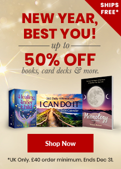 Hay House Holidays promotion with headline 'NEW YEAR, BEST YOU!' offering up to 50% off books, card decks, and more. Includes images of the '4 Feelings Inner Child' card deck, 'I Can Do It 2026 Calendar' by Louise Hay, and 'Moonology Diary 2025' by Yasmin Boland. A red 'Shop Now' button is featured at the bottom. Free shipping is noted in the top right corner.